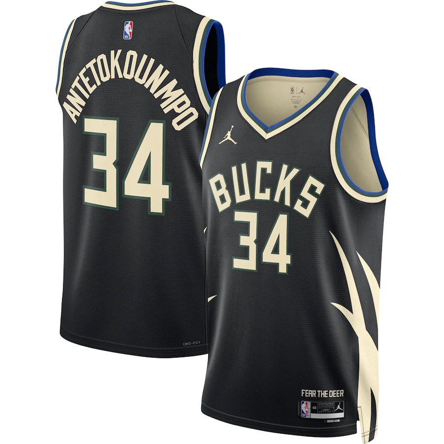 Men Milwaukee Bucks 34 Giannis Antetokounmpo Jordan Brand Black 2022-23 Statement Edition Swingman NBA Jersey